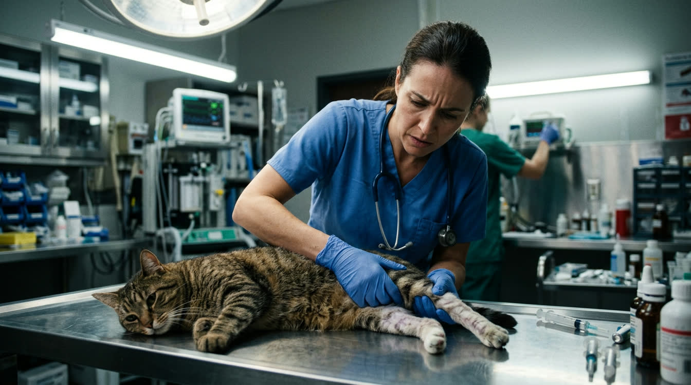 Veterinarian examining a cat with cold hind limbs and aortic thromboembolism in emergency clinic