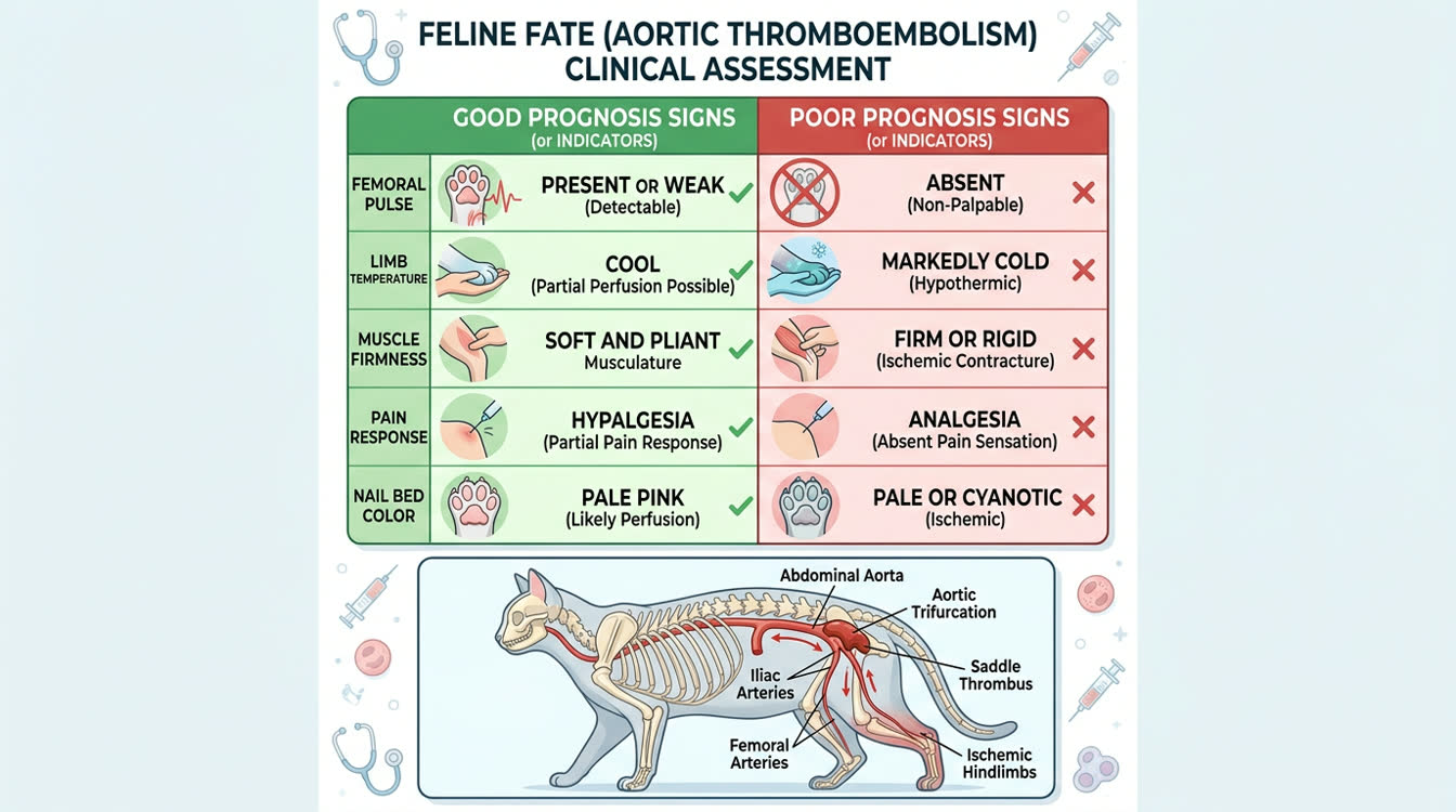 Limb viability assessment chart for feline FATE showing good vs poor prognosis indicators
