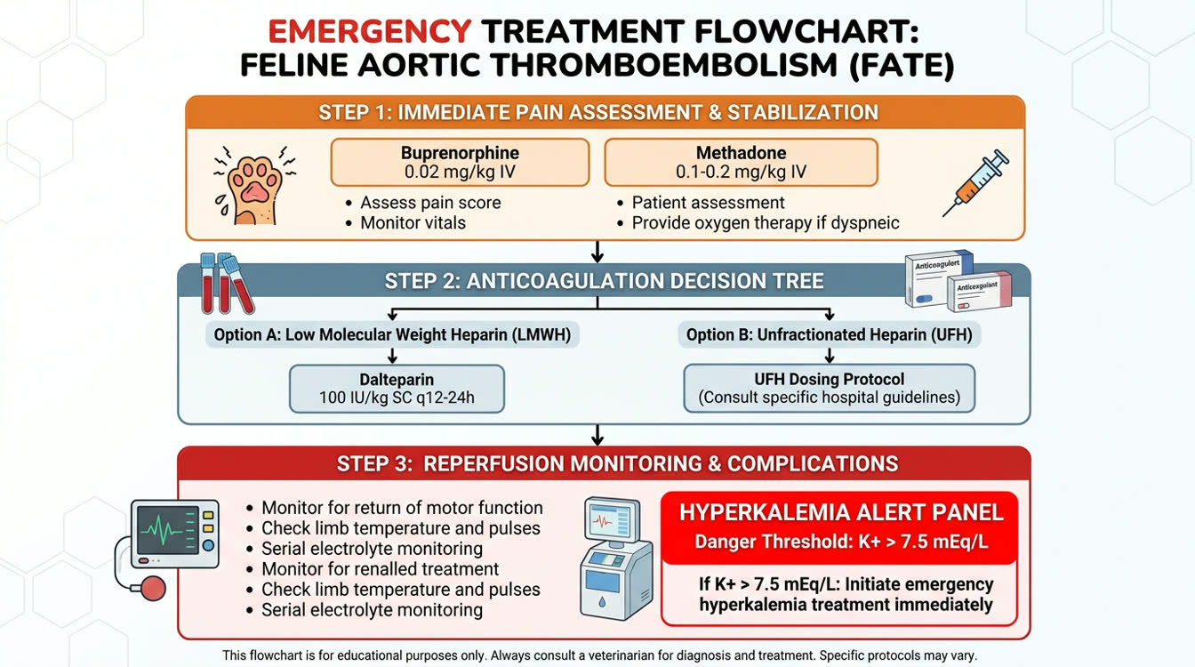 FATE emergency treatment algorithm for cats showing analgesia and heparin dosing protocol