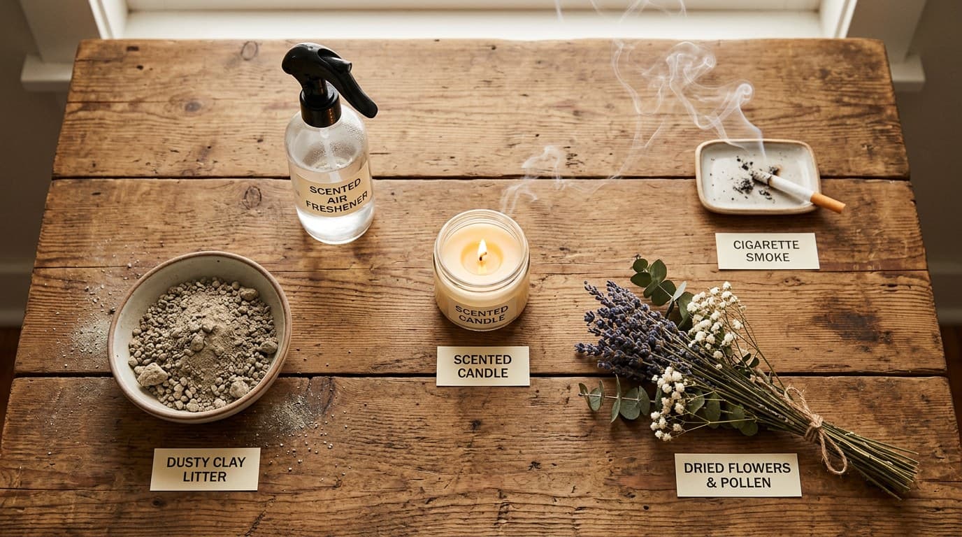 Common household triggers for feline asthma displayed on a table