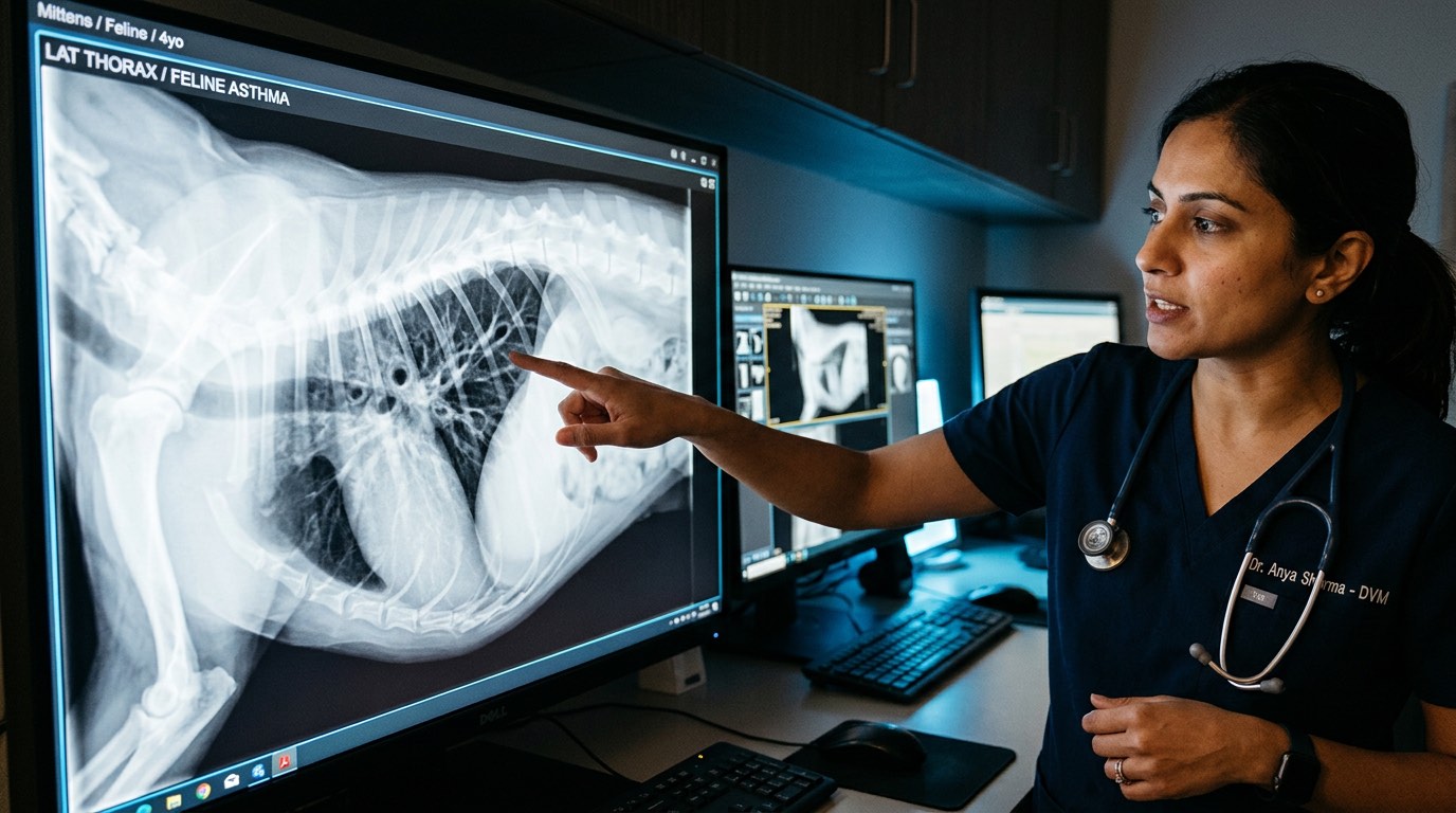 Veterinary radiograph showing bronchial pattern in a cat with asthma