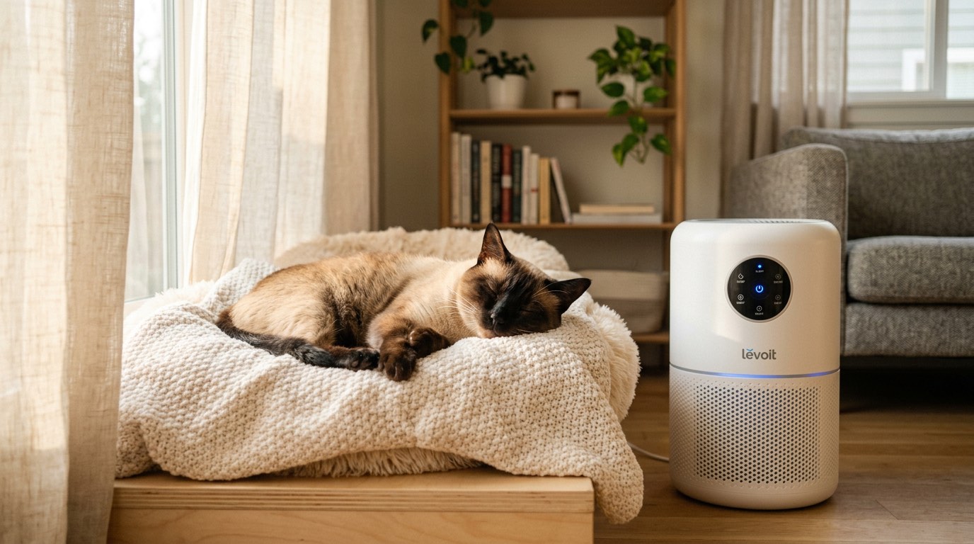 HEPA air purifier running in a room with a resting cat nearby