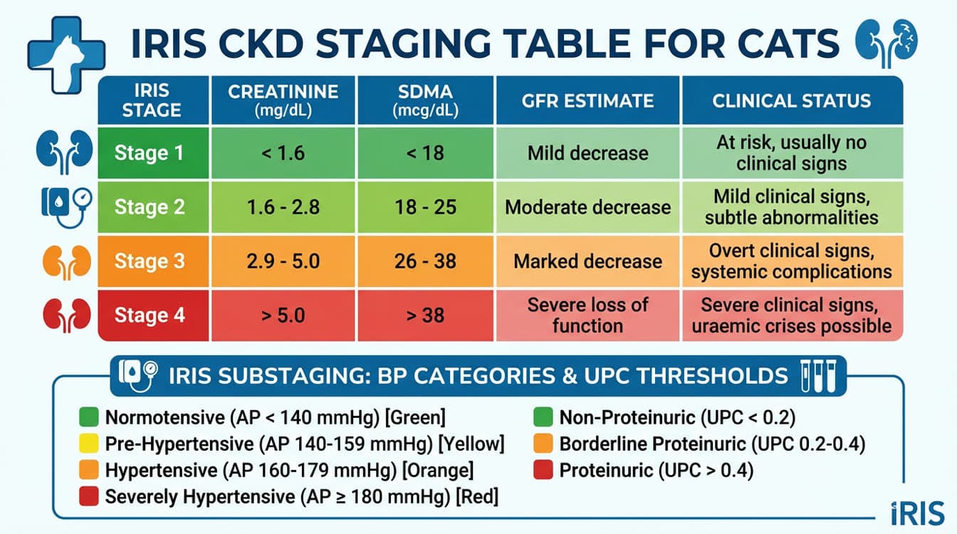 IRIS CKD staging table for cats with creatinine, SDMA thresholds and treatment intensity guide