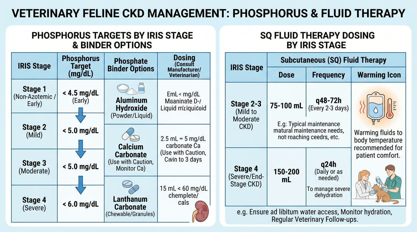 Phosphorus targets by IRIS stage with intestinal binder options and subcutaneous fluid dosing guide