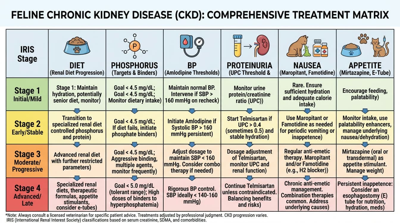 Feline CKD comprehensive treatment summary by IRIS stage including proteinuria, nausea and appetite management