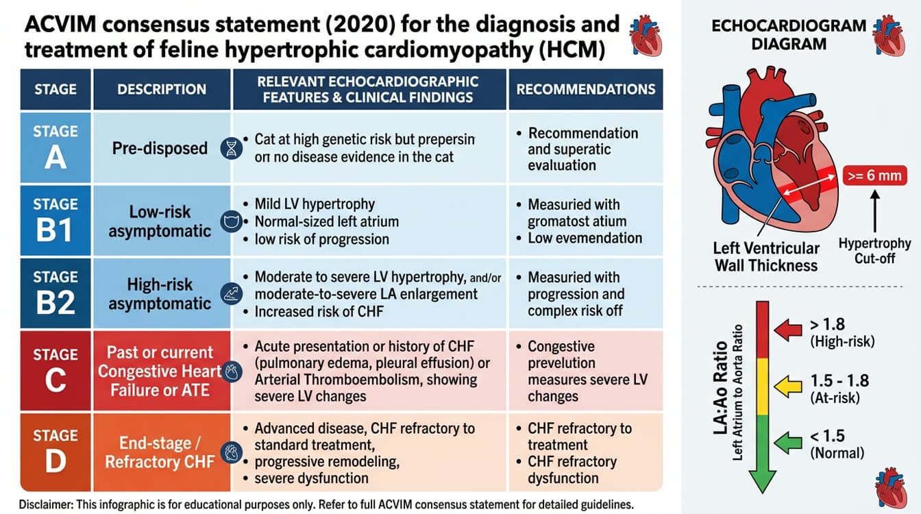 ACVIM staging chart for feline HCM with echocardiographic measurements and LA:Ao ratios
