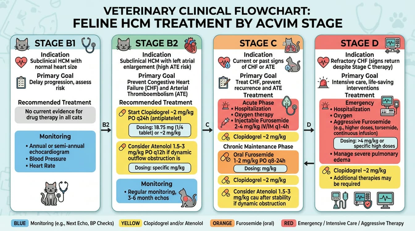 Feline HCM drug selection flowchart by ACVIM stage with doses for atenolol, furosemide and clopidogrel
