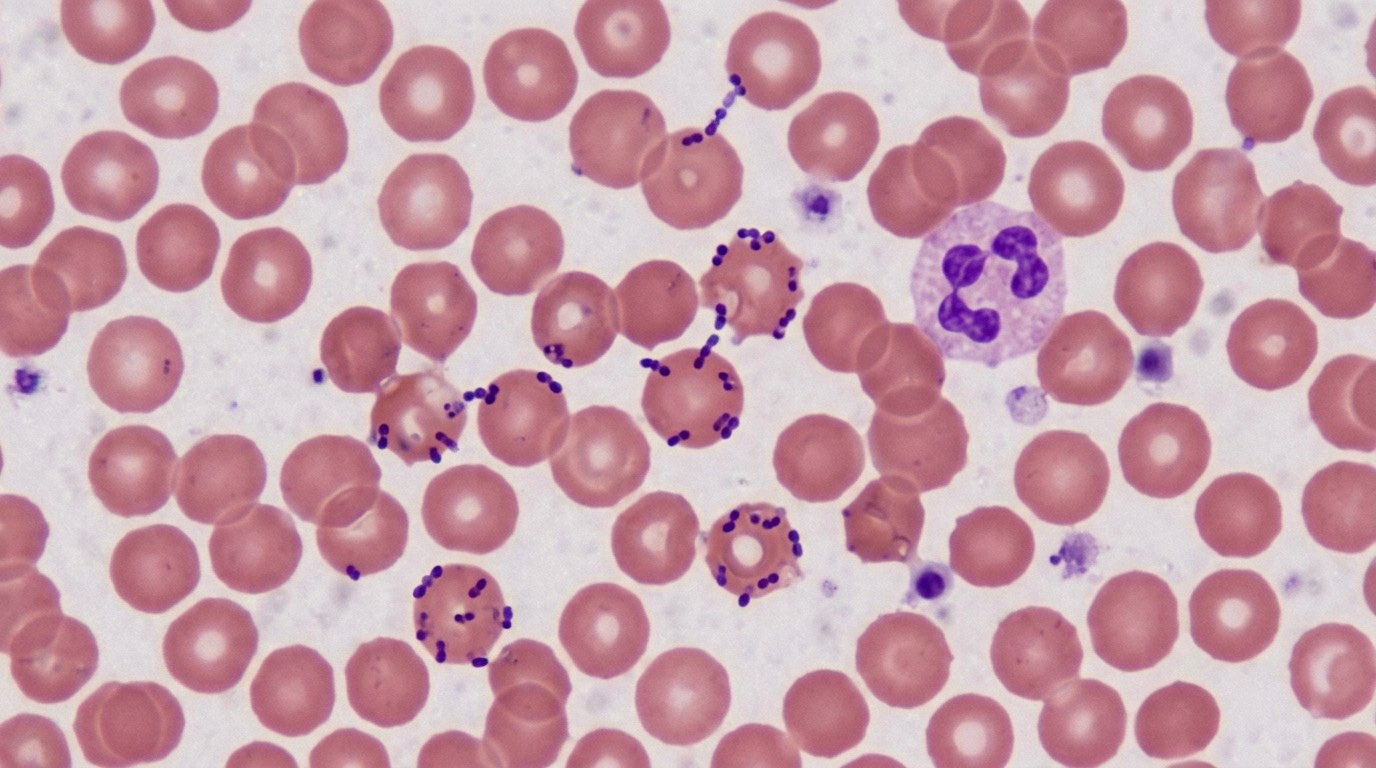 Blood smear showing Mycoplasma haemofelis organisms on red blood cells