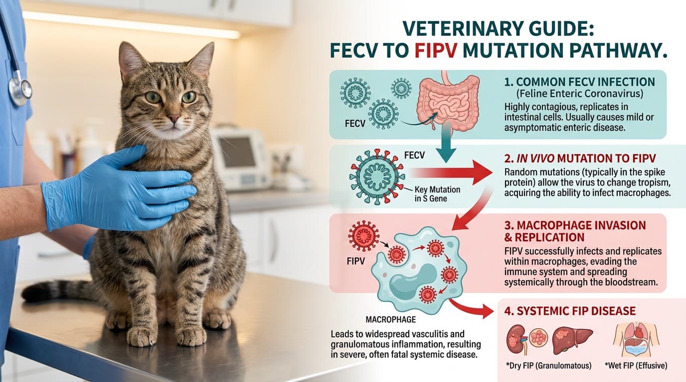 Diagram showing feline coronavirus mutation leading to FIP development