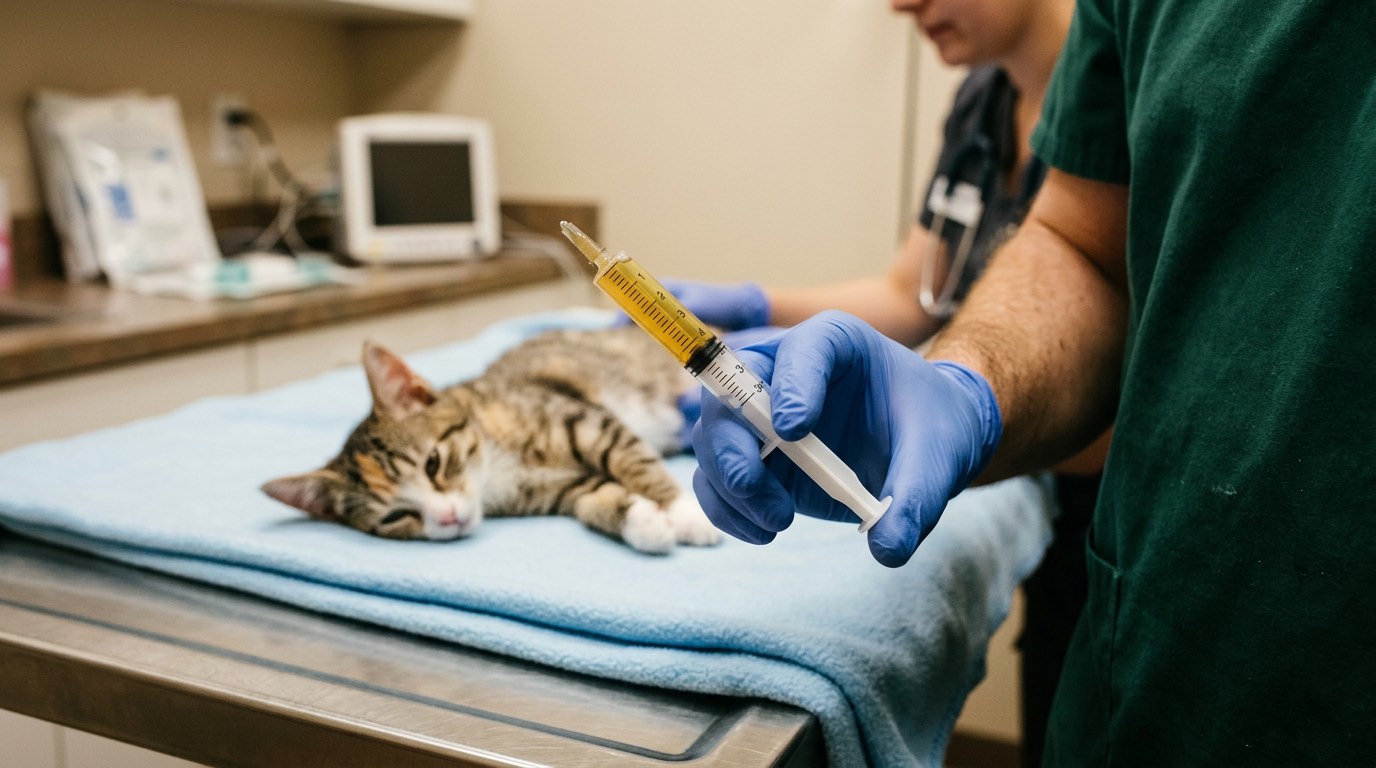 Clinical photograph showing straw-colored FIP effusion fluid in a collection syringe