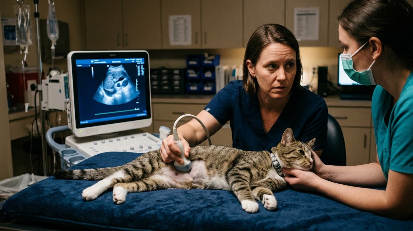 Veterinarian performing abdominal ultrasound on a cat with suspected FIP