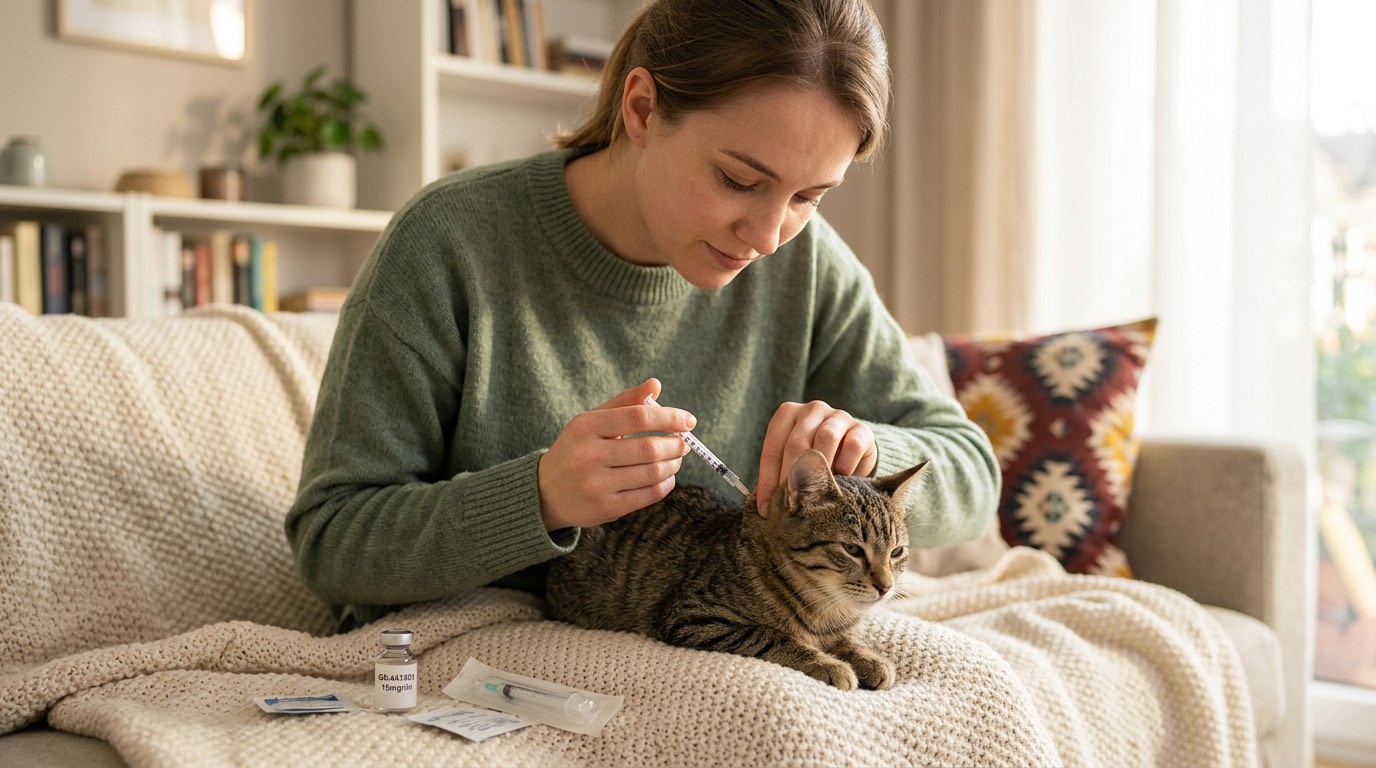 Owner administering subcutaneous GS-441524 injection to a cat at home