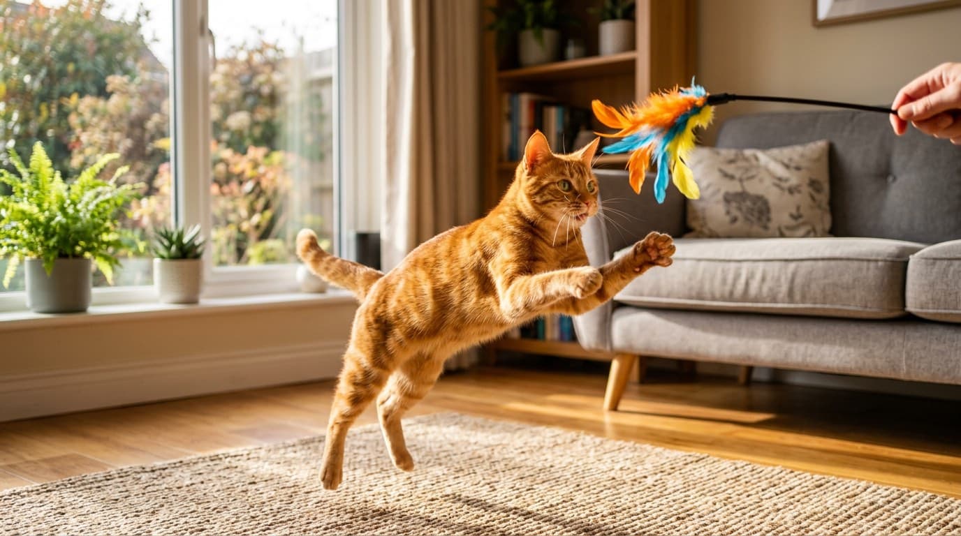 Healthy recovered cat playing after successful FIP treatment