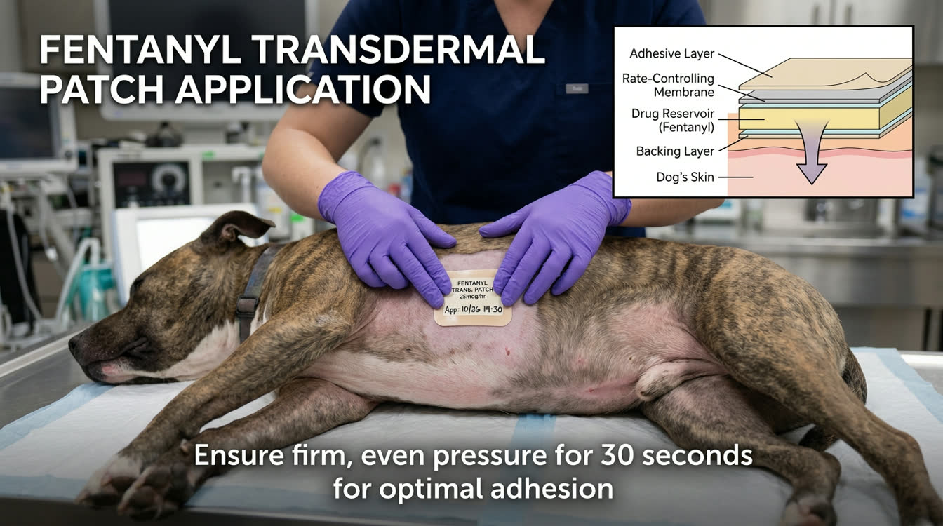 Fentanyl transdermal patch applied to a dog's neck with application guide