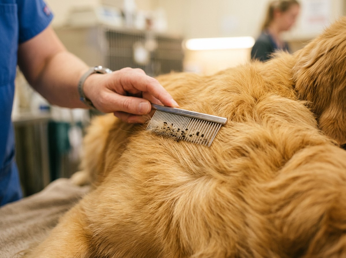 Close-up of a flea comb pulling through dog fur revealing flea dirt