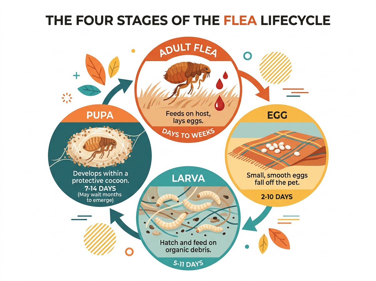 Diagram of the flea lifecycle showing egg, larva, pupa, and adult stages