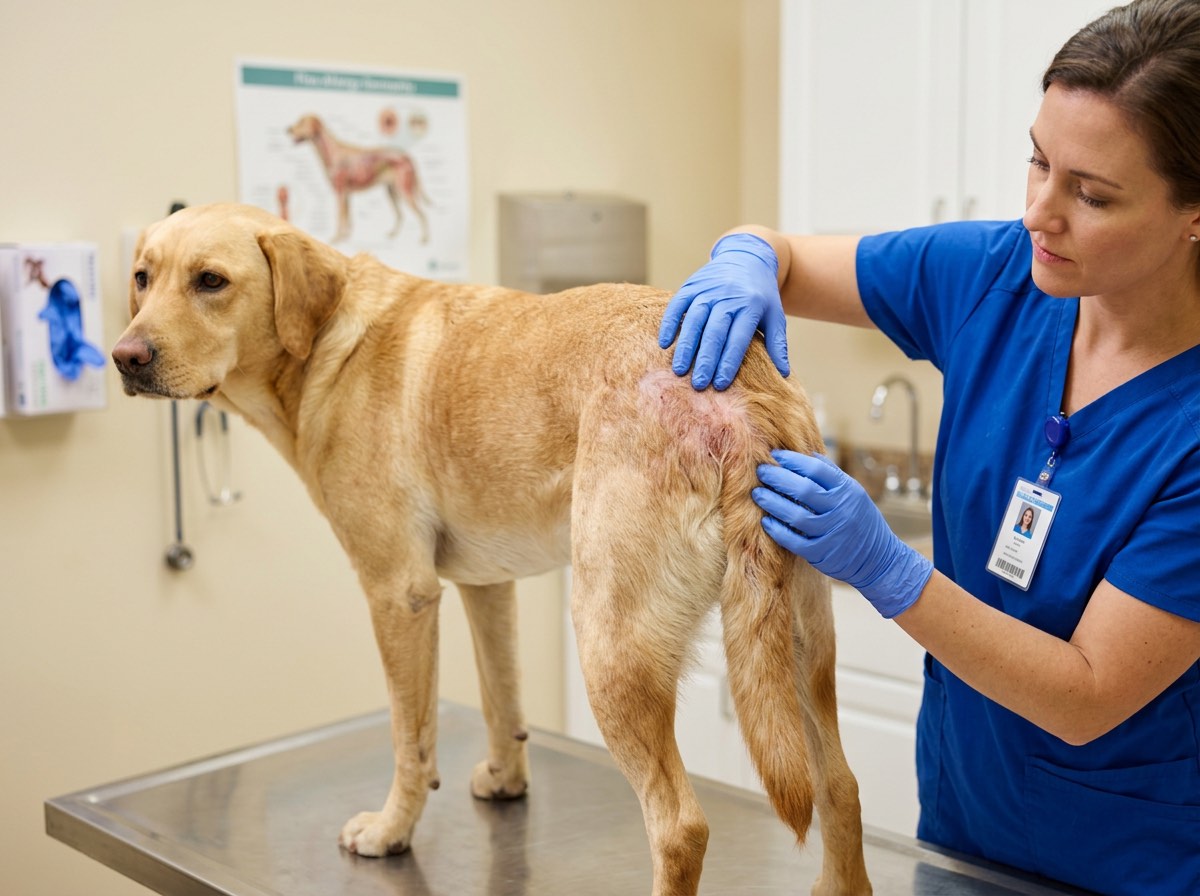 Dog with hair loss on the lower back and tail base from flea allergy dermatitis