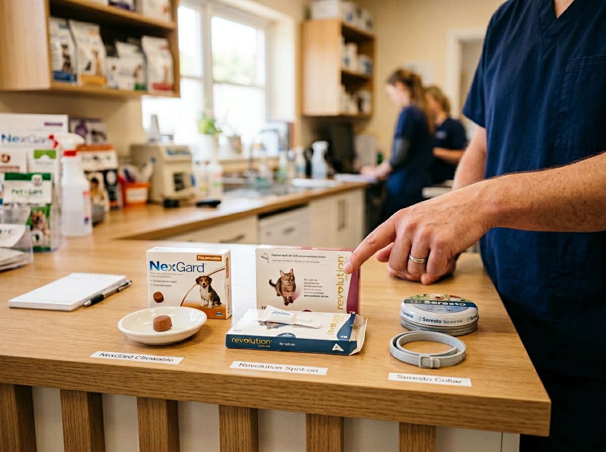 Variety of flea prevention products arranged on a veterinary counter