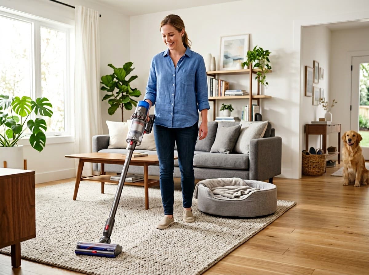 Person vacuuming carpet near a dog bed as part of flea environmental control