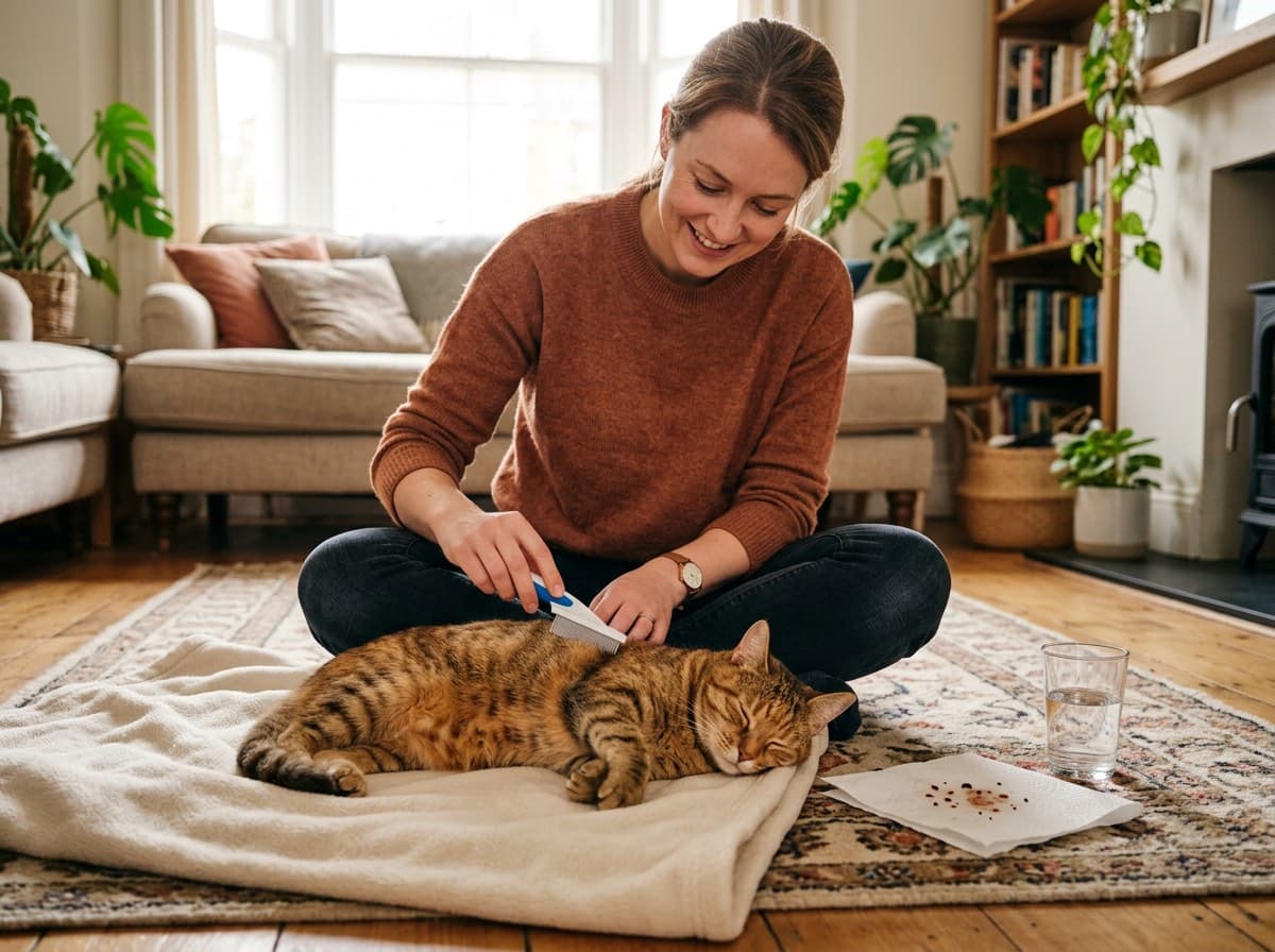 Pet owner using a flea comb on a cat while sitting on a living room floor