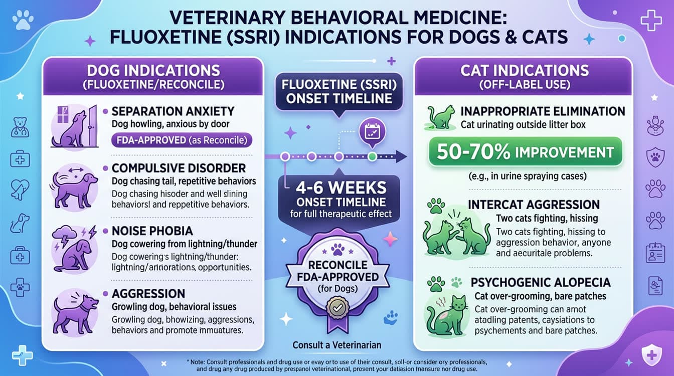Fluoxetine behavioral indications chart for dogs and cats with response rates and onset timelines