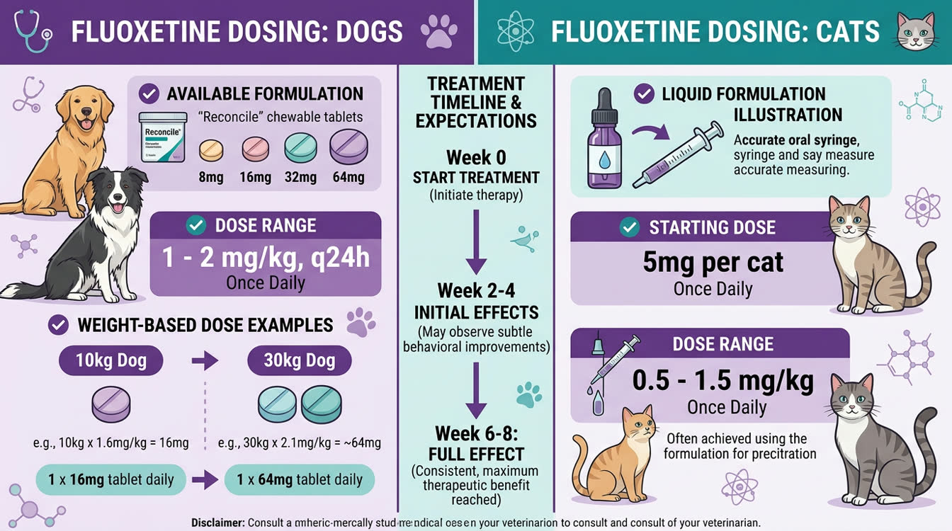 Fluoxetine dosing guide for dogs and cats showing mg/kg doses, Reconcile tablet sizes and response timeline
