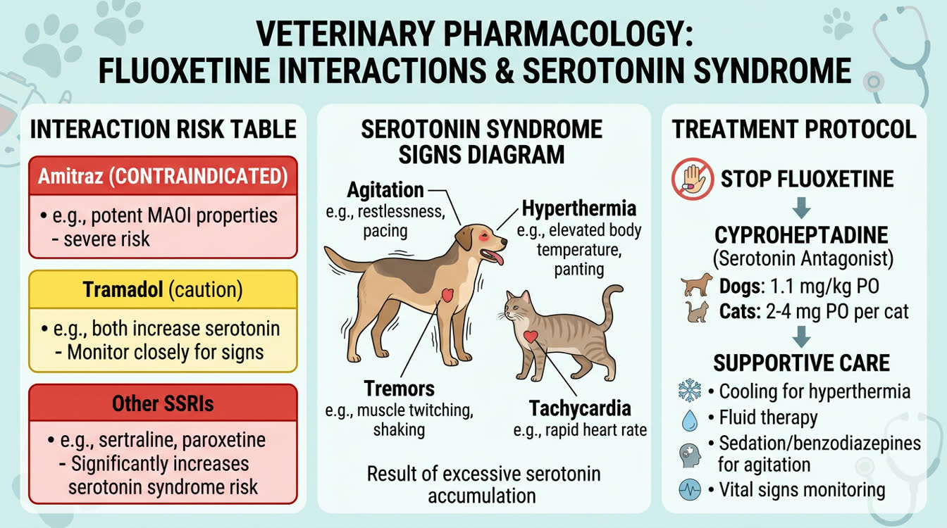 Fluoxetine drug interaction chart showing serotonin syndrome risk combinations and cyproheptadine treatment doses