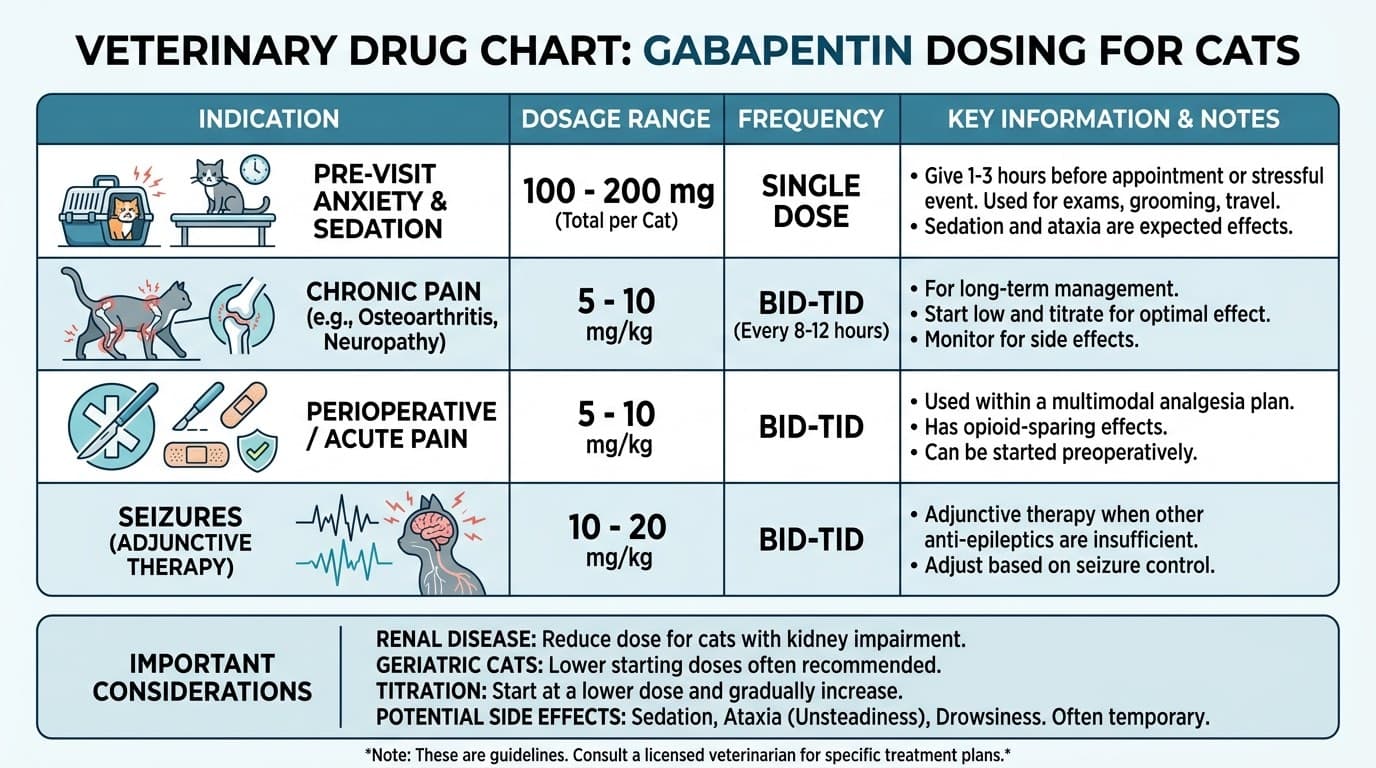 Gabapentin dosing table for cats showing indication-based dosing