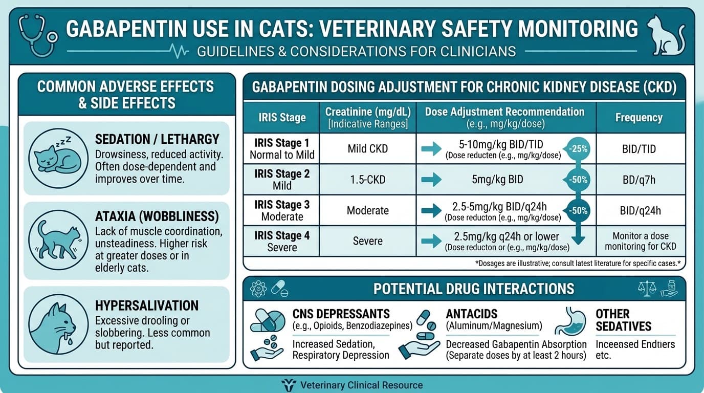 Safety monitoring infographic for gabapentin in cats including CKD dose adjustments