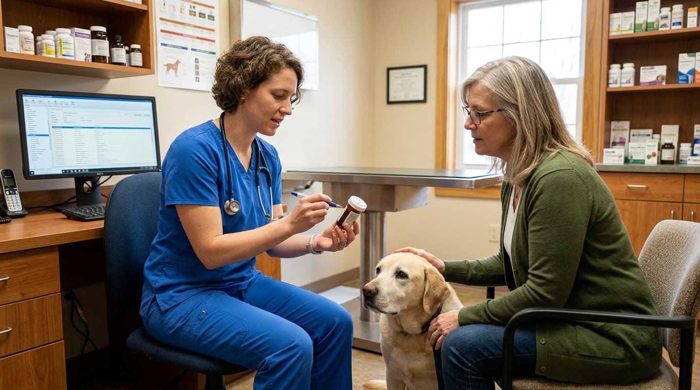 Veterinarian discussing gabapentin treatment for a dog with chronic pain