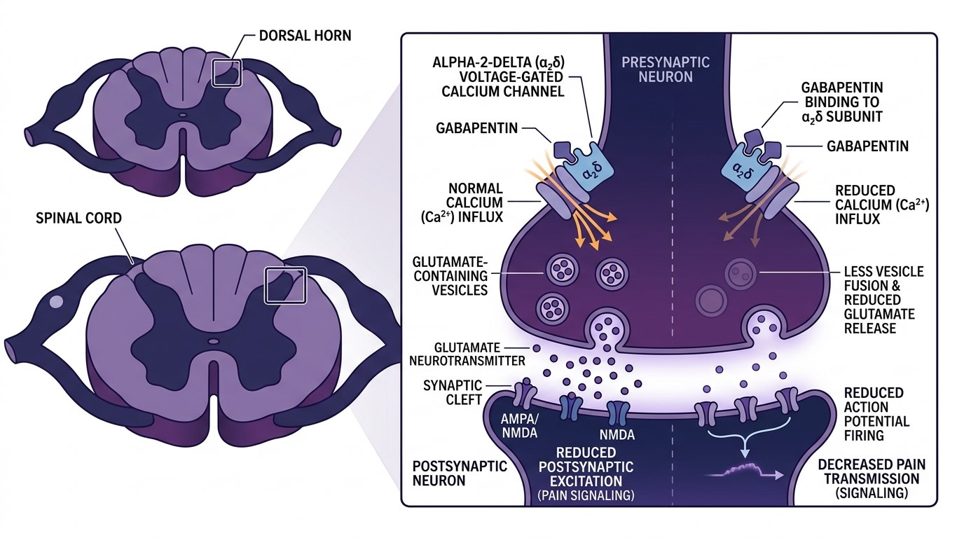 Gabapentin mechanism of action at alpha-2-delta calcium channel in spinal dorsal horn