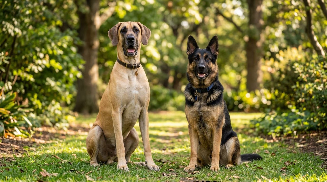 Great Dane and German Shepherd dogs representing high-risk GDV breeds