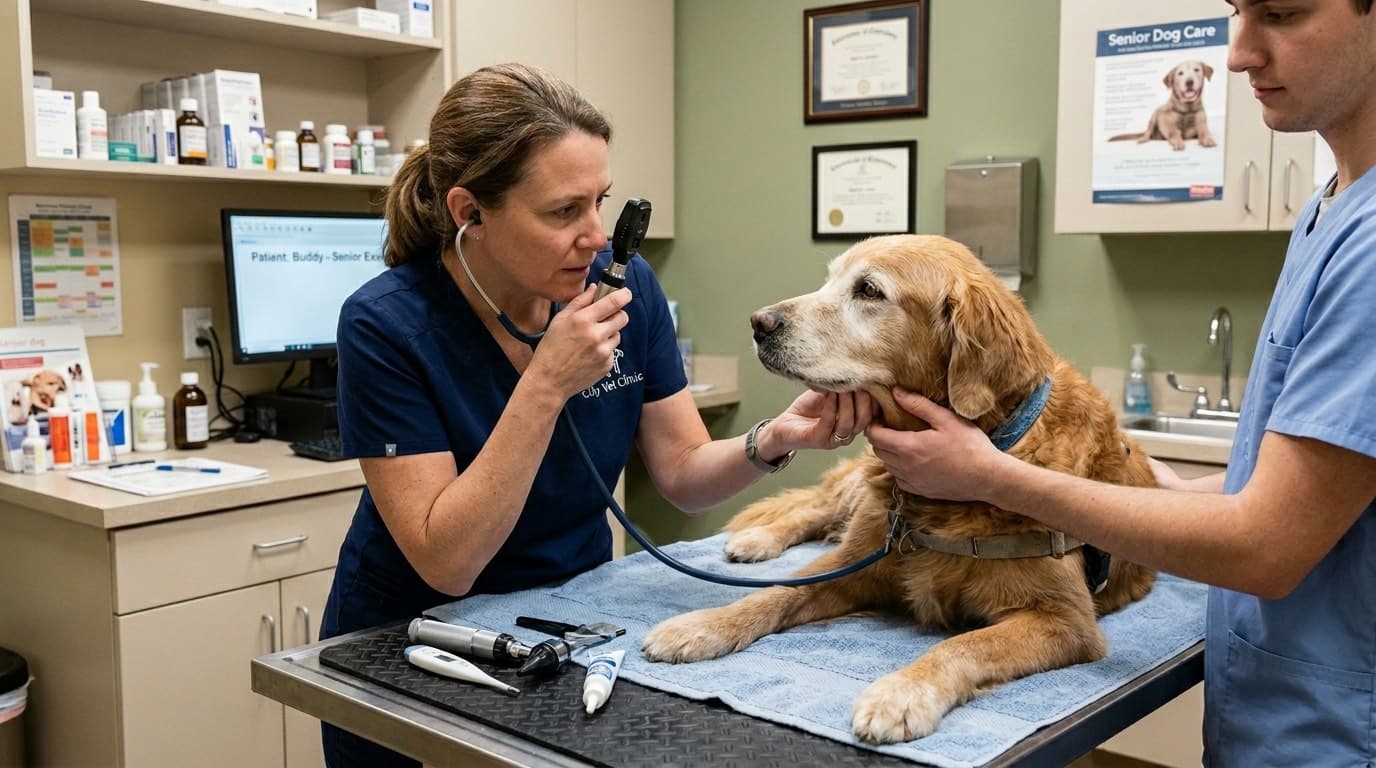 Veterinarian conducting comprehensive senior wellness exam