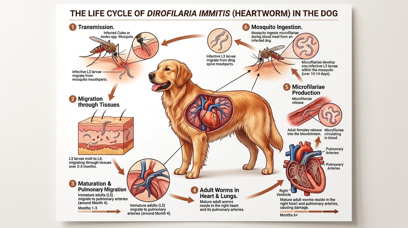 Diagram showing the heartworm lifecycle from mosquito bite to adult worms in a dog's heart