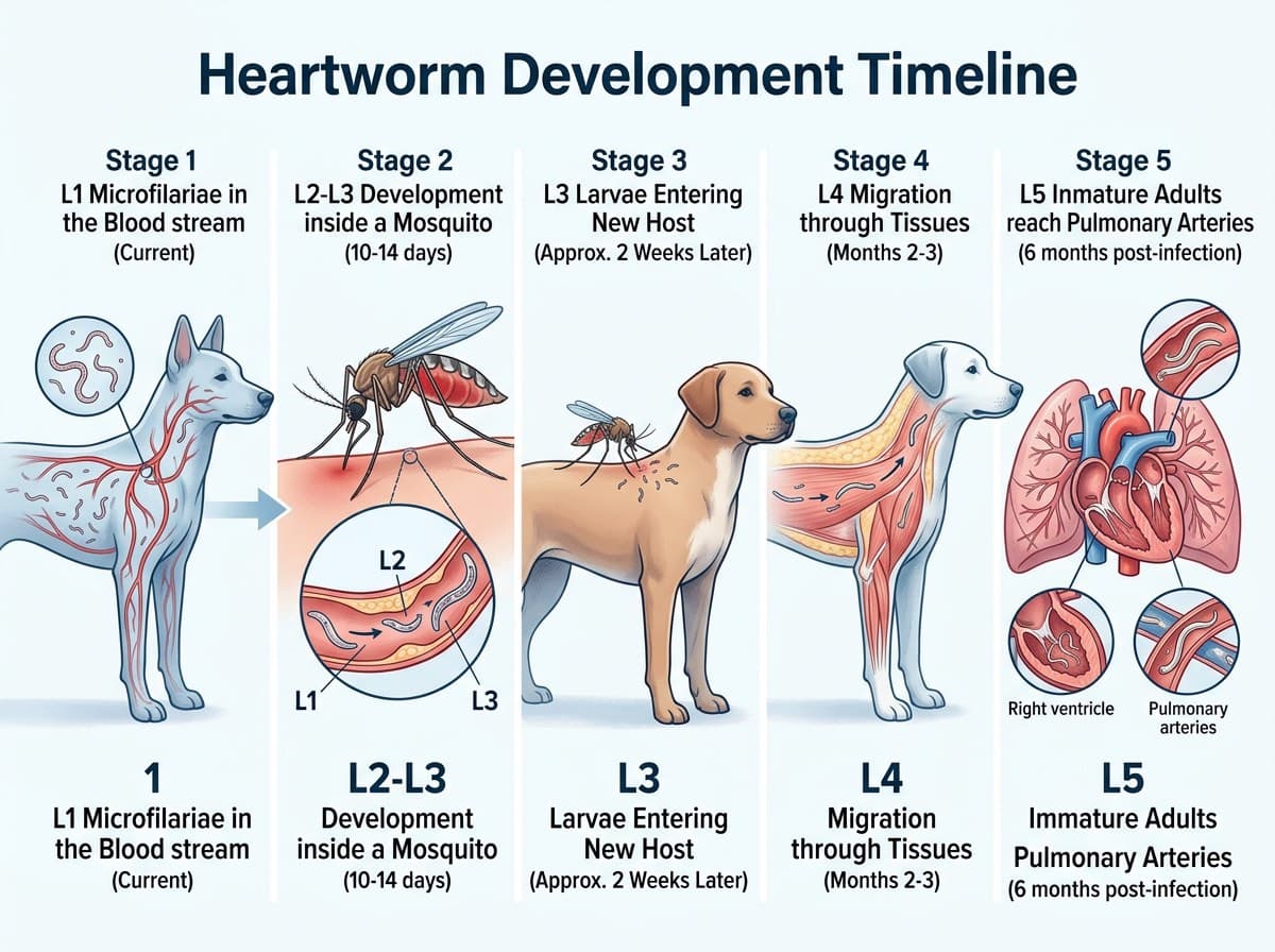 Infographic showing heartworm larval stages L1 through L5 and timeline from mosquito bite to adult worm maturation