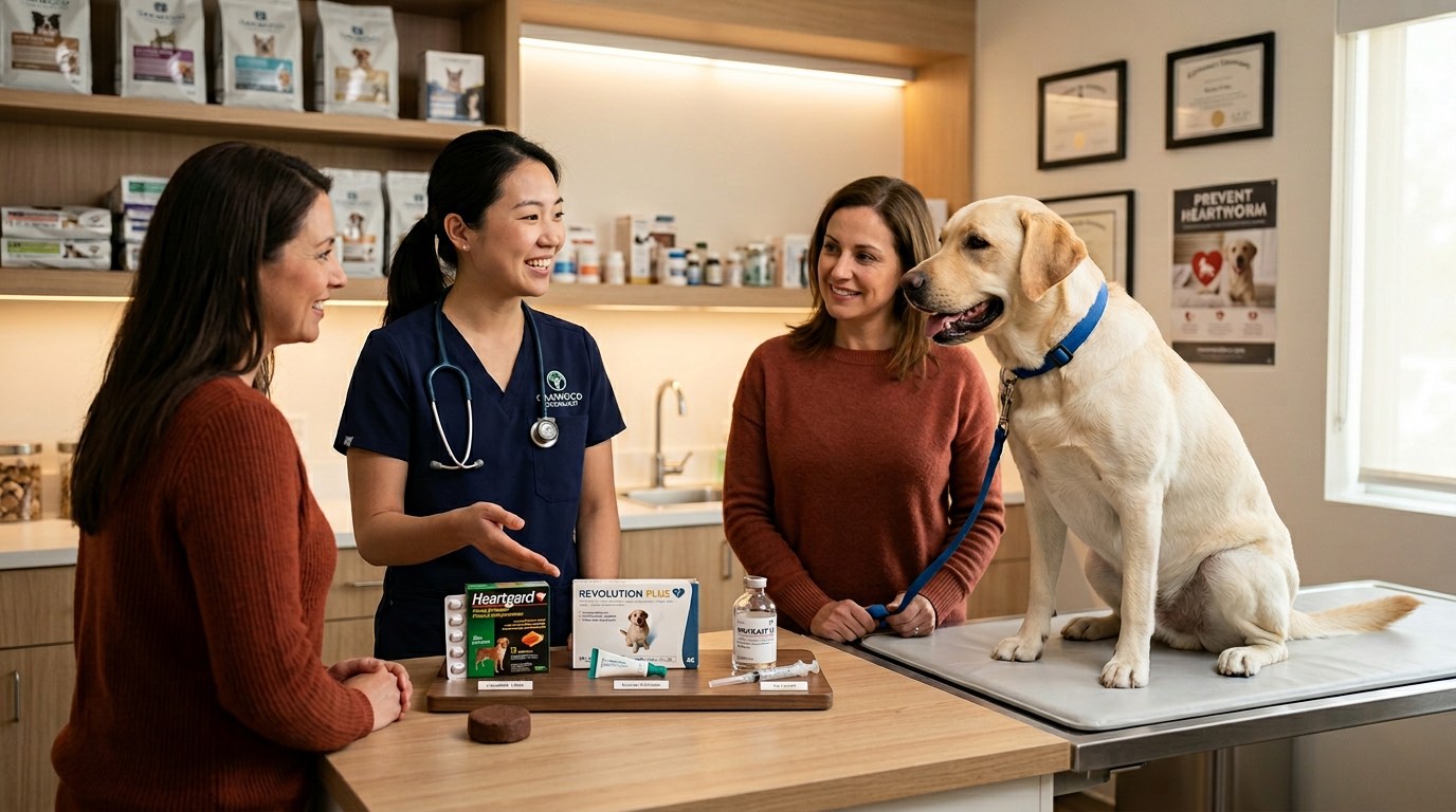 Veterinarian showing a pet owner different heartworm prevention products during a wellness visit