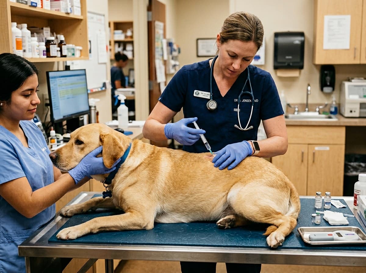 Veterinarian administering a melarsomine injection to a dog during heartworm treatment