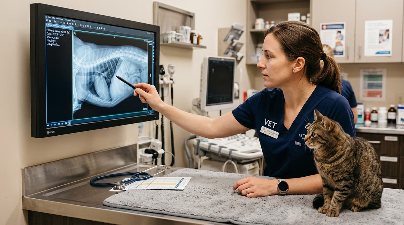 Veterinarian performing a chest X-ray evaluation on a cat to assess for heartworm-associated respiratory disease