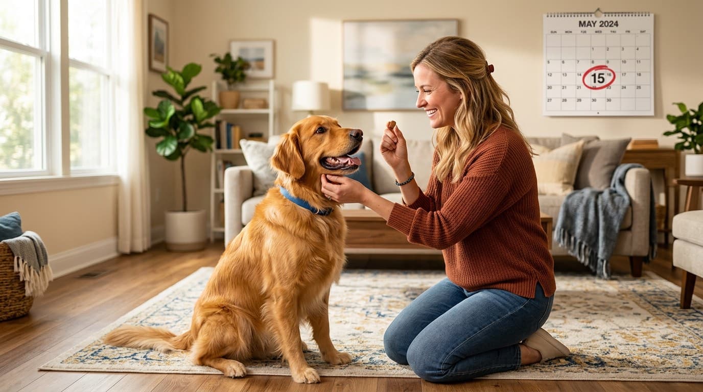 Pet owner giving their dog a monthly heartworm prevention chewable tablet at home
