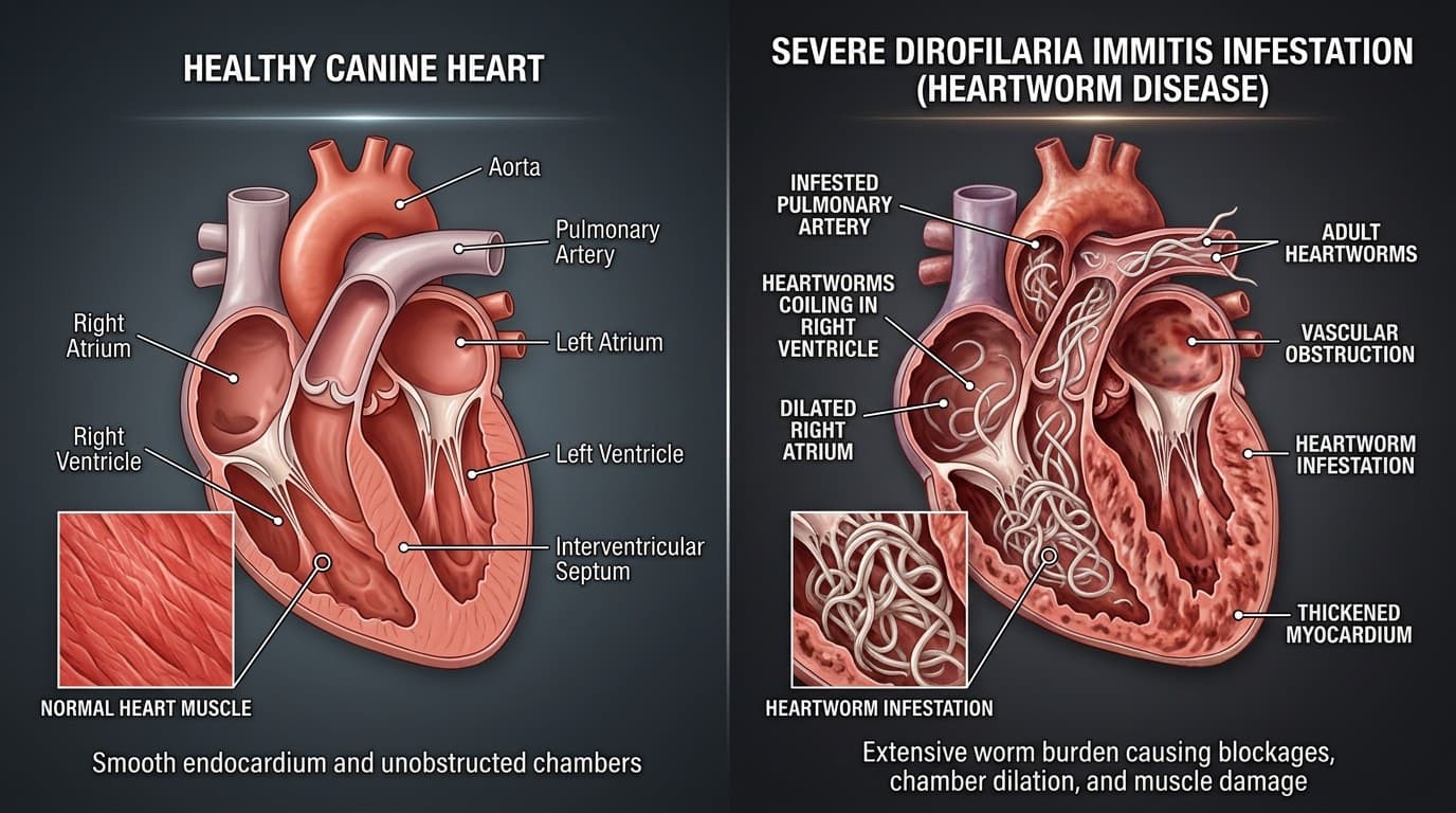 Dramatic comparison of healthy dog heart versus severe heartworm-infected heart with visible worms