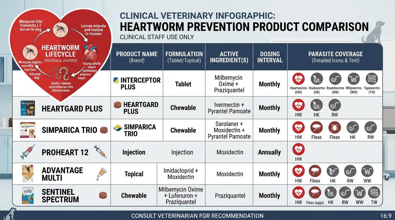 Heartworm prevention product comparison table showing ivermectin, milbemycin, and moxidectin products