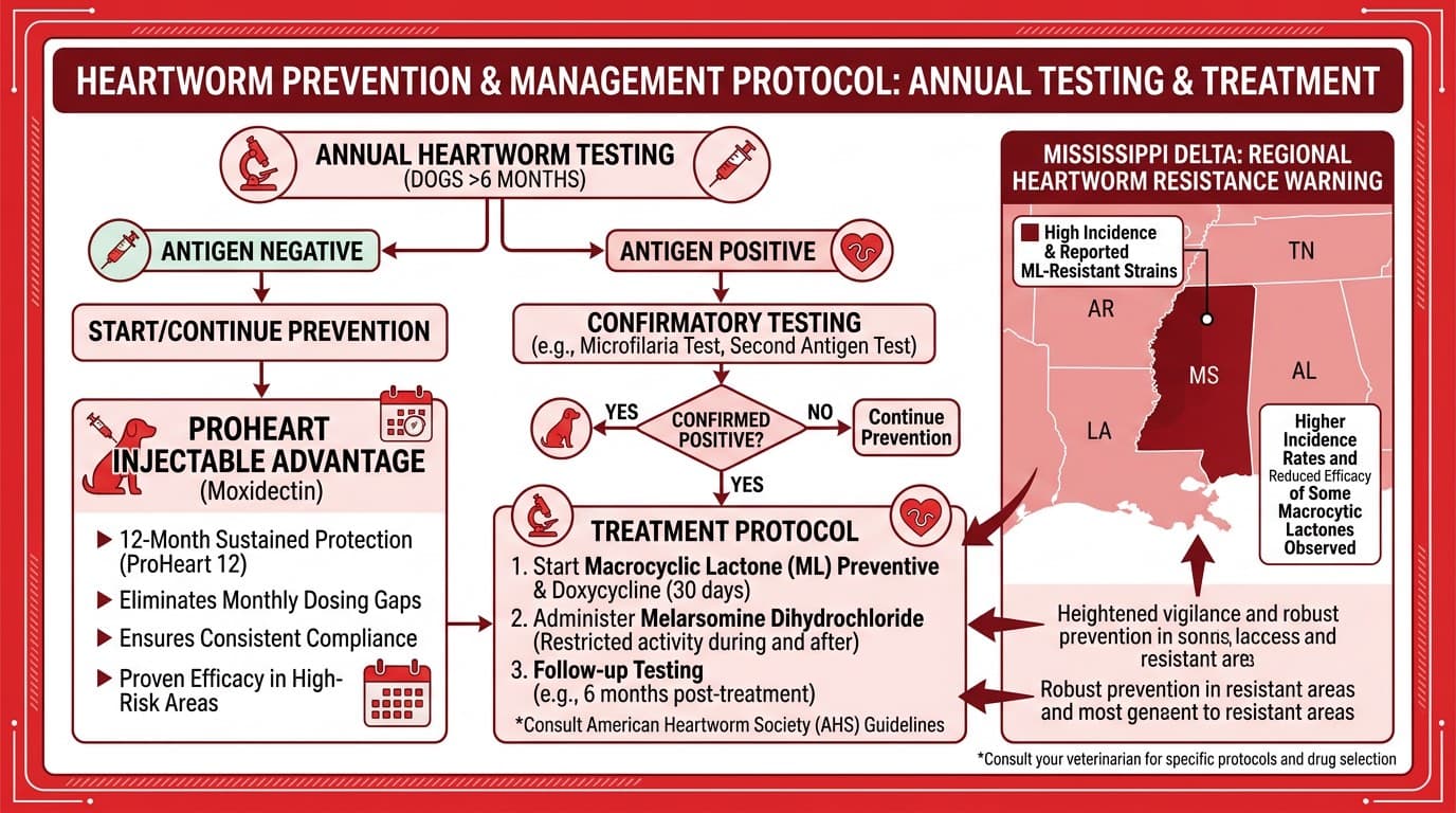 Heartworm resistance map and annual testing protocol flowchart
