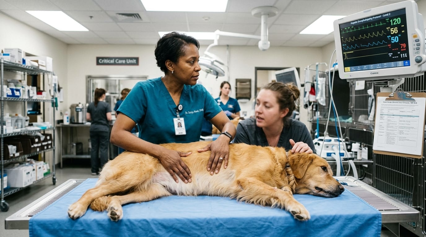 Hepatic encephalopathy grading scale for dogs with clinical signs and ammonia pathophysiology diagram
