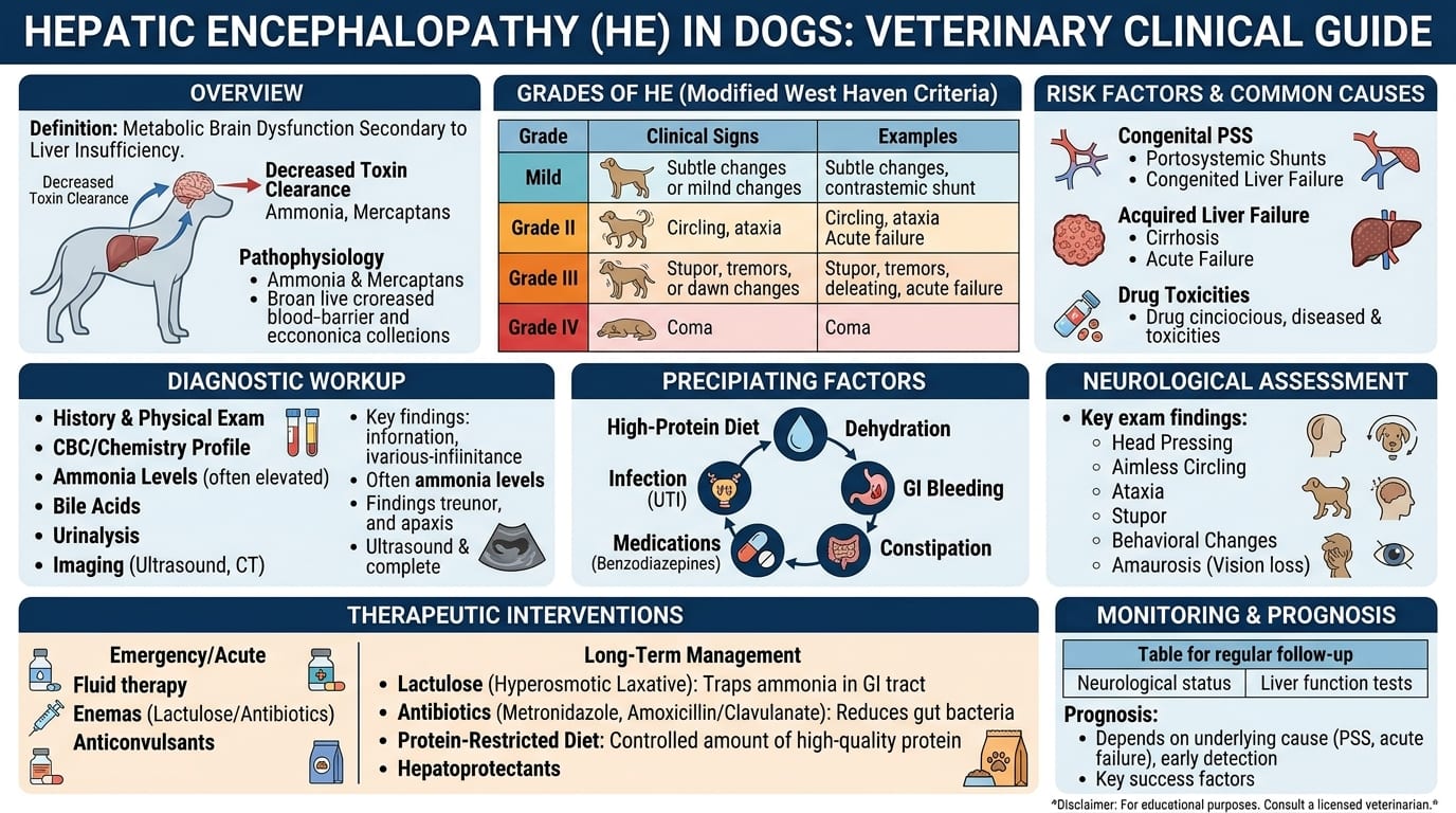 Long-term hepatic encephalopathy management table showing trigger avoidance, dietary protein targets and monitoring schedule