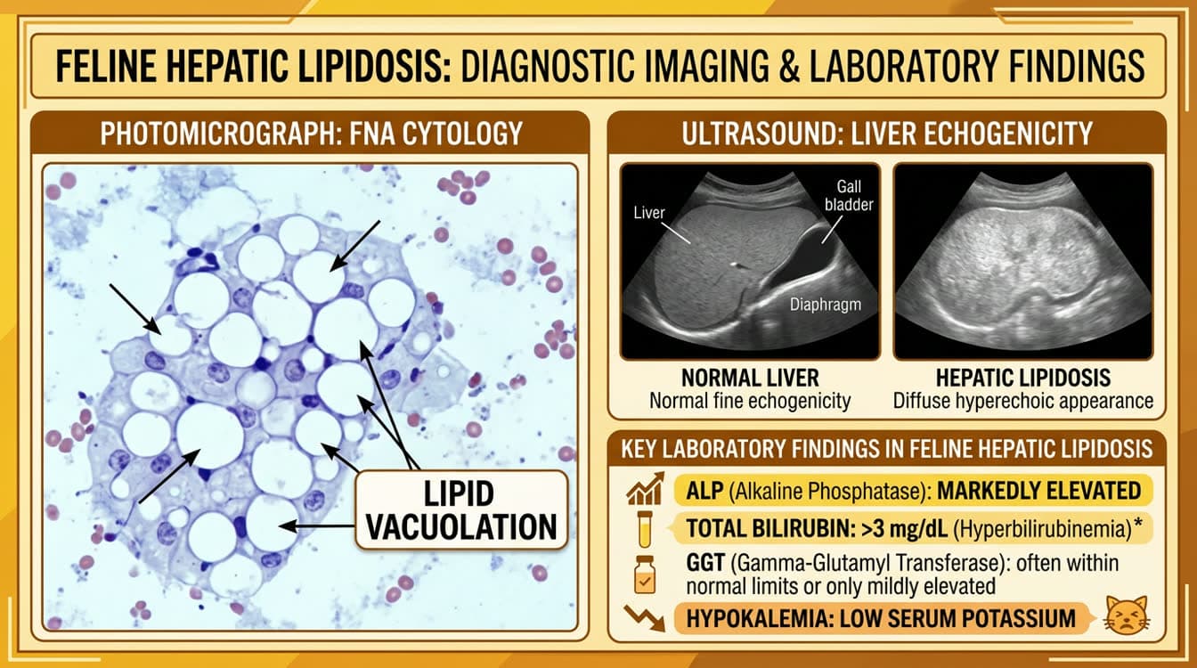 Hepatic lipidosis diagnosis: vacuolated hepatocytes on cytology and hyperechoic liver ultrasound in a cat