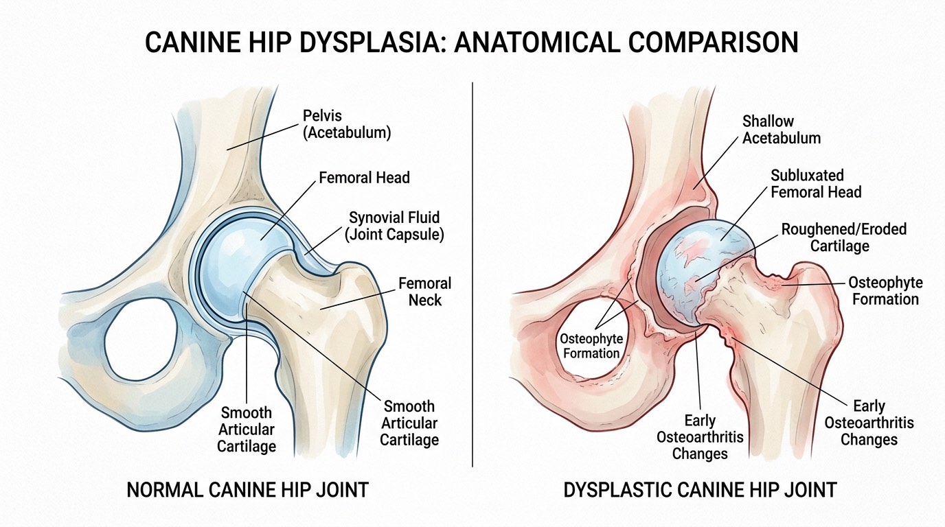 Comparison diagram of a normal canine hip joint versus a dysplastic hip joint showing subluxation and cartilage wear