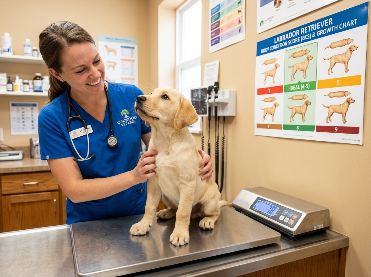 Large-breed puppy being weighed during a growth monitoring veterinary visit