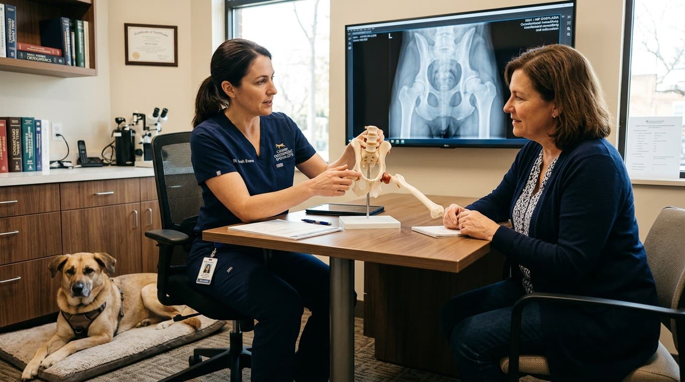 Veterinary orthopedic surgeon reviewing surgical options for hip dysplasia with a dog owner using a model pelvis