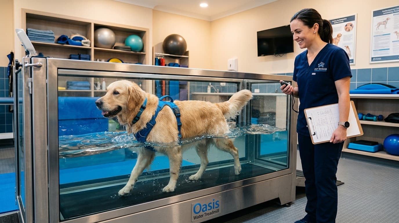 Dog undergoing hydrotherapy on an underwater treadmill as part of hip dysplasia rehabilitation