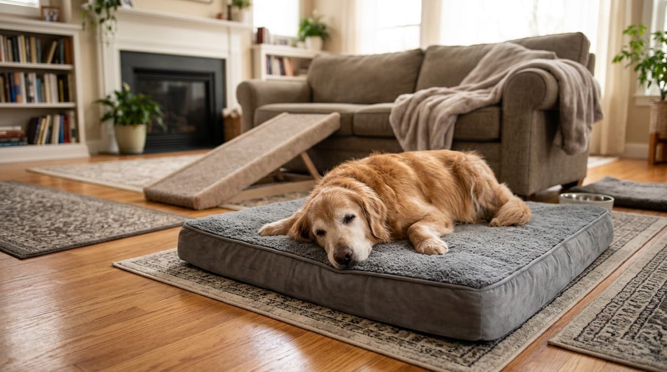 Senior dog resting comfortably on an orthopedic memory foam bed with non-slip flooring and a ramp visible nearby
